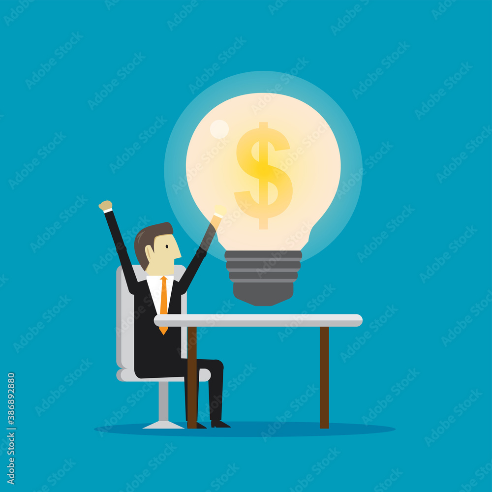 Businessman and big light bulb with money symbol Businessman and big light bulb with money symbol