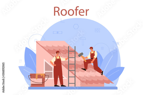 Roof construction worker. Building fixing and house renovation.