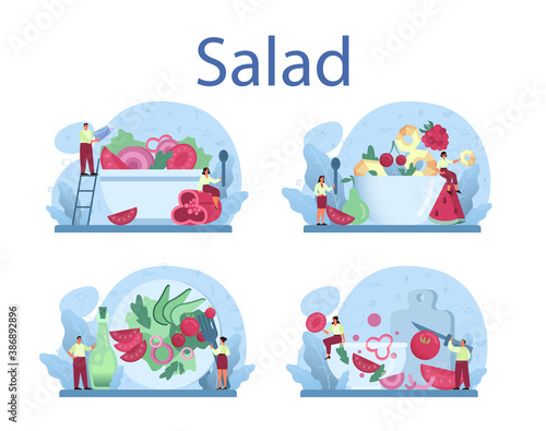Fresh salad in a bowl set. Peopple cooking organic and healthy