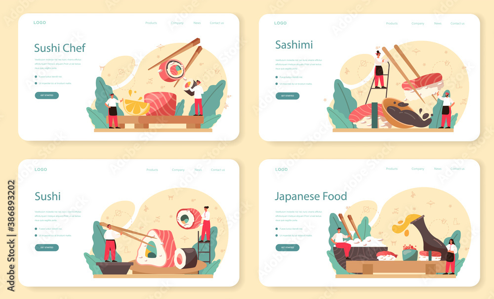 Sushi chef web banner or landing page set. Restaurant chef
