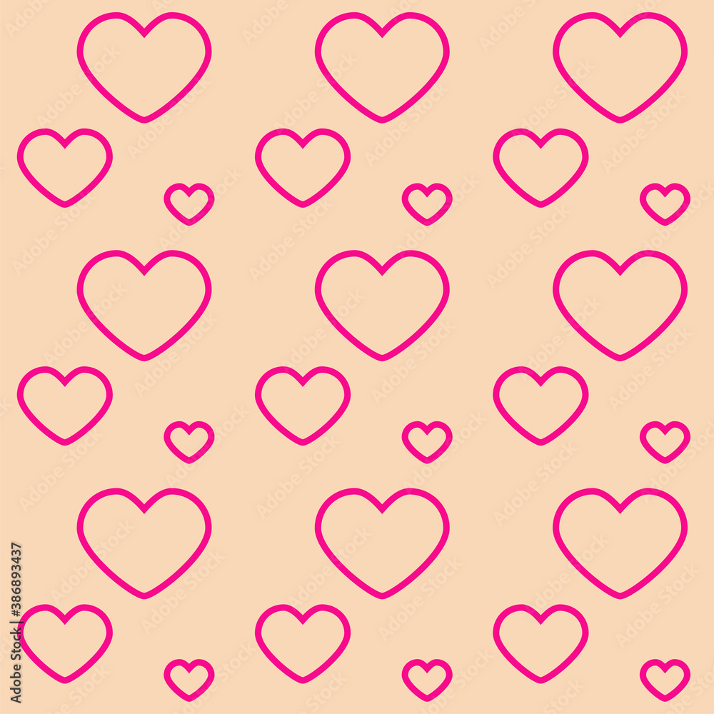 Seamless pattern with pink hearts on creamy board. Love concept. Design for packaging and backgrounds. Valentine's day spirit. Print for textile, clothes and design. Jpg file