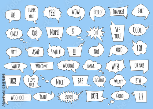 Speech bubble set with conversation phrases and words in isolated vector illustration.