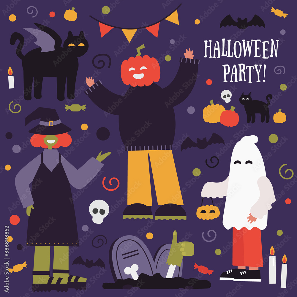 Halloween vector collection. Scary and funny characters, fun holiday. People in pumpkin costumes, witch, ghost, zombie. Celebration 31 October party. Modern flat style