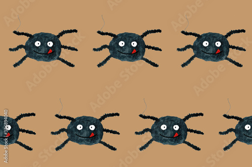Halloween seamless pattern with funny cartoon spider. Endless texture for wallpaper, web page background, wrapping paper. Flat style. Black smiling spider with tongue on brown board