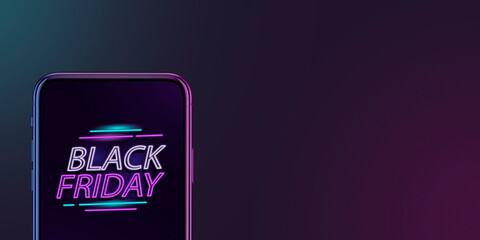 Device with neon lettering, black friday, sales, shopping concept. Flyer with copyspace. Cyber monday and online purchases, negative space for ad. Finance and money. Neon dark background.