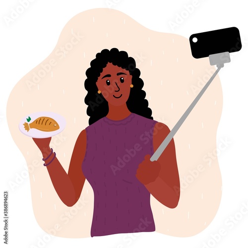 Black african woman food blogger making photo selfie with fried fish for blog. Cute girl with smartphone camera. Social media Vector cartoon illustration