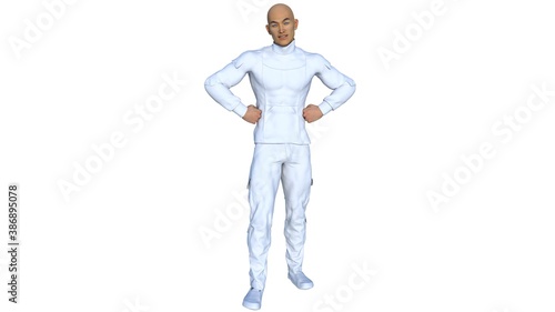 One bald man in a futuristic white suit with an Asian appearance poses showing his muscles