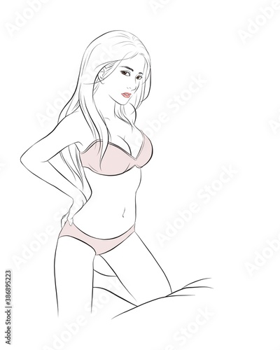 Sexy healthy girl line art on the bed. vector illustration isolated cartoon hand drawn