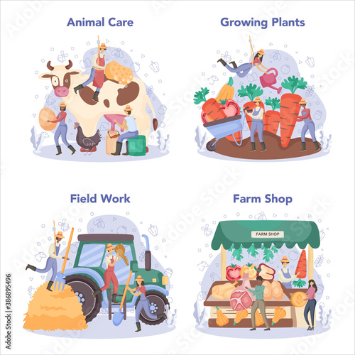 Farmer concept set. Farm worker on the field, watering plants and feeding