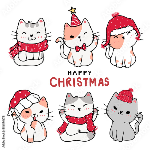 Cute Christmas cats in festive winter hat and scarf, animal cartoon hand drawing set