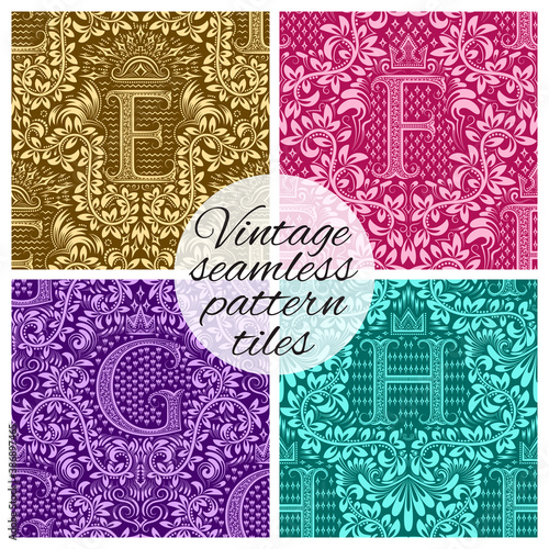 Tiles of vintage seamless patterns for wallpaper design. Set of repeating background swatches in vintage renaissance style. Vintage wallpapers tiles with letters.