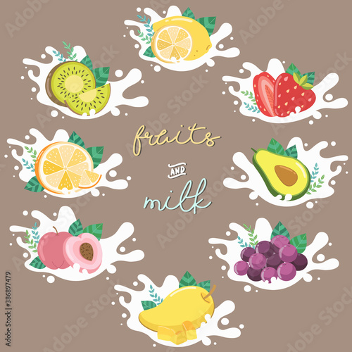 Big collection icons of fruit in a milk splash.