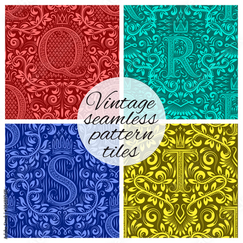 Tiles of vintage seamless patterns for wallpaper design. Set of repeating background swatches in vintage renaissance style. Vintage wallpapers tiles with letters.