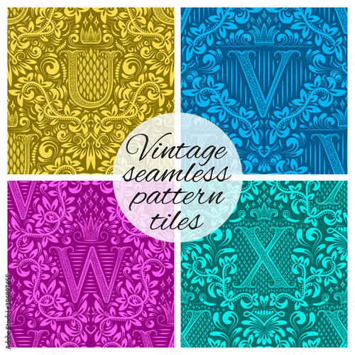 Tiles of vintage seamless patterns for wallpaper design. Set of repeating background swatches in vintage renaissance style. Vintage wallpapers tiles with letters.