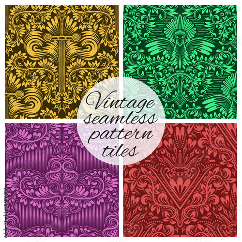 Tiles of vintage seamless patterns for wallpaper design. Set of repeating background swatches in vintage renaissance style. Vintage wallpapers tiles with ornaments.