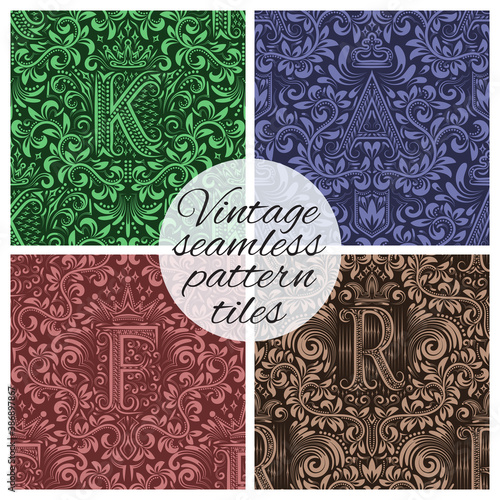 Tiles of vintage seamless patterns for wallpaper design. Set of repeating background swatches in vintage renaissance style. Vintage wallpapers tiles with ornamental letters.