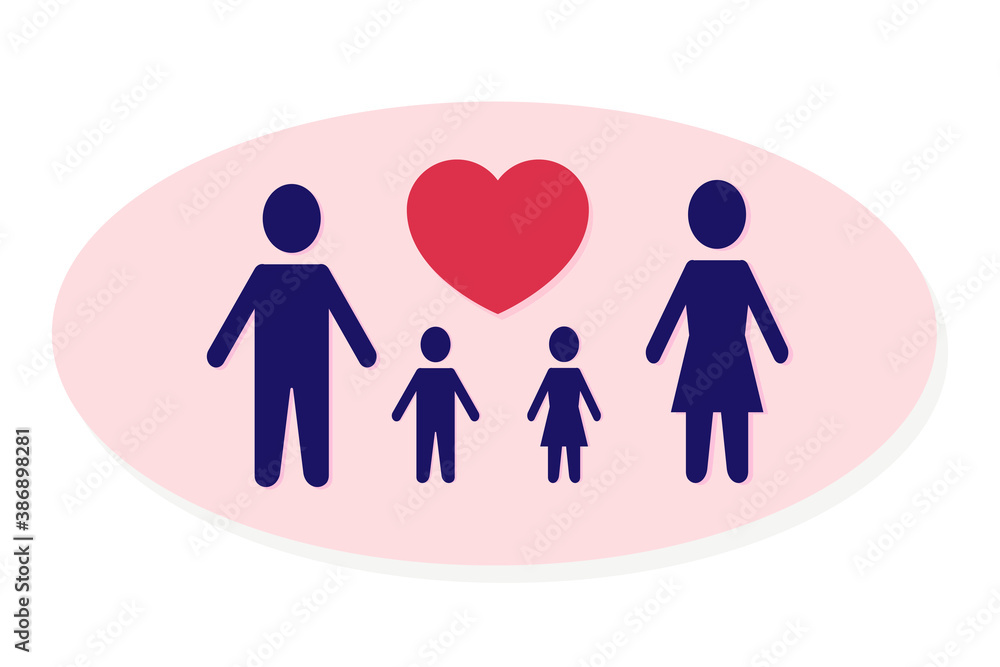 Blue silhouettes of family and red heart on pink background. Mom, dad and children. Family with a daughter and son Blue silhouettes of family and red heart on pink background. Mom, dad and children. Family with a daughter and son