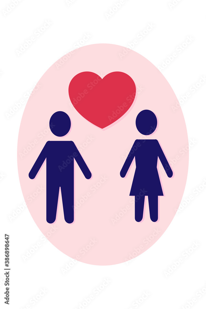 Symbols of a man and a woman with a heart between them. Couple in love. Minimalistic romantic poster Symbols of a man and a woman with a heart between them. Couple in love. Minimalistic romantic poster