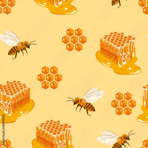 Honey seamless pattern. Cartoon bee, and honeycomb on a yellow background. Vector flat illustration.