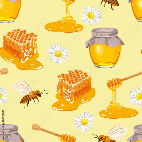Honey in glass jar, cartoon bee, honeycombs, flowers and flowing honey on wooden dipper isolated on yellow background. Seamless pattern. Vector flat illustration.