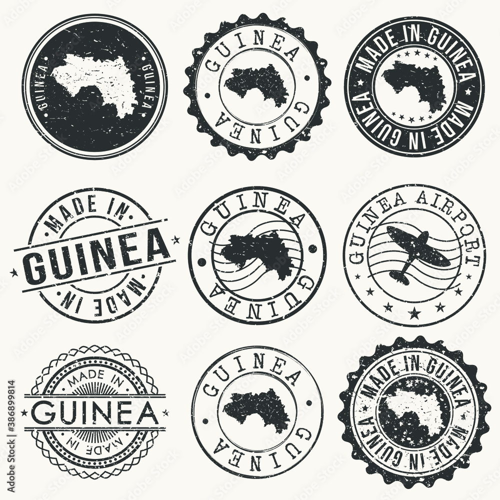 Obraz premium Guinea Set of Stamps. Travel Stamp. Made In Product. Design Seals Old Style Insignia.