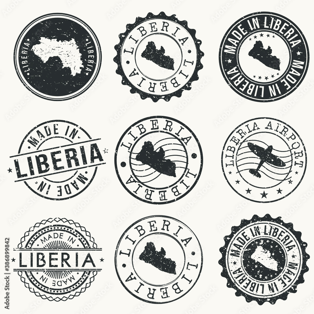 Obraz premium Liberia Set of Stamps. Travel Stamp. Made In Product. Design Seals Old Style Insignia.