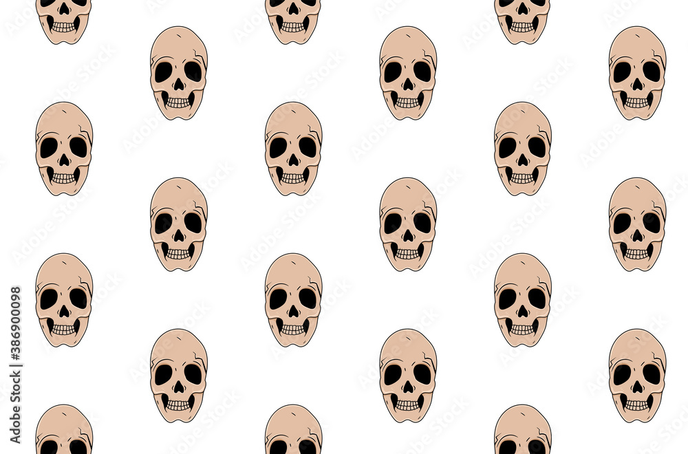 Cartoon skulls seamless pattern on white background