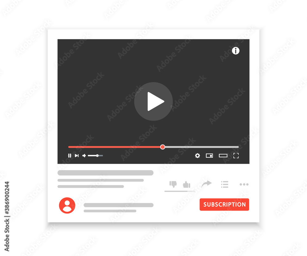 Social media video player interface template. Video content, blogging. Web window player. Site page with a video or video channel being played Social media video player interface template. Video content, blogging. Web window player. Site page with a video or video channel being played