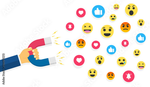 Social media concept vector illustration with magnet attracting followers and likes. Audience or customer retention strategy. The impact of a marketing or viral ad campaign.
