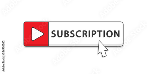 Subscribe button for social networks. Red button with cursor and bell for subscribe. Subscribe to the blog, video channel, and newsletter.