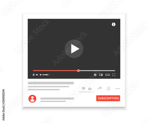 Social media video player interface template. Video content, blogging. Web window player. Site page with a video or video channel being played