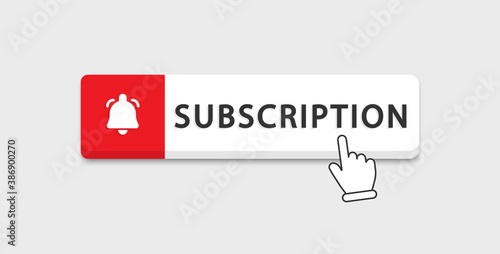 Subscribe button for social networks. Red button with hand cursor and bell to subscribe. Subscribe to the blog, video channel, and newsletter.