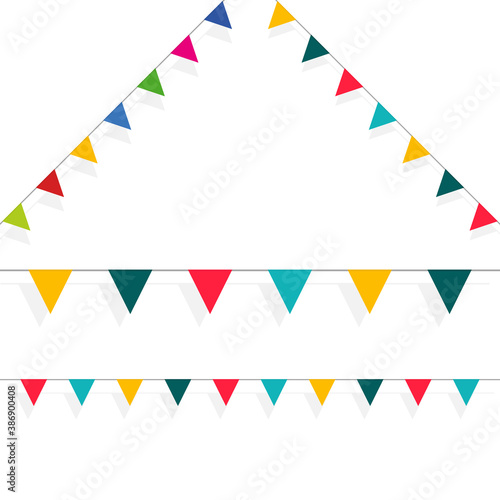 Set of carnival, flag garlands. Decorative colorful pennants for a holiday, birthday, fair and bright decoration. Festive background with hanging flags.