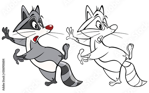 Vector Illustration of a Cute Cartoon Character Raccoon  for you Design and Computer Game. Coloring Book Outline Set 