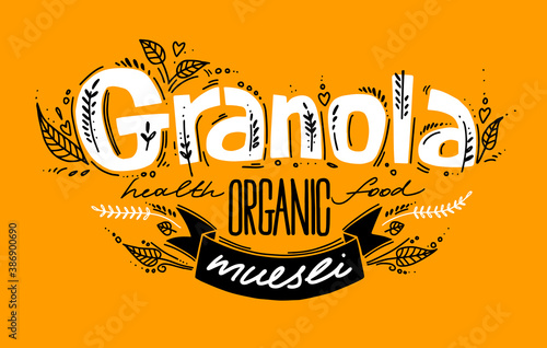 Granola logo template with handwritten calligraphy lettering composition and ribbon in doodle style. Muesli, organic health food concept. vector.