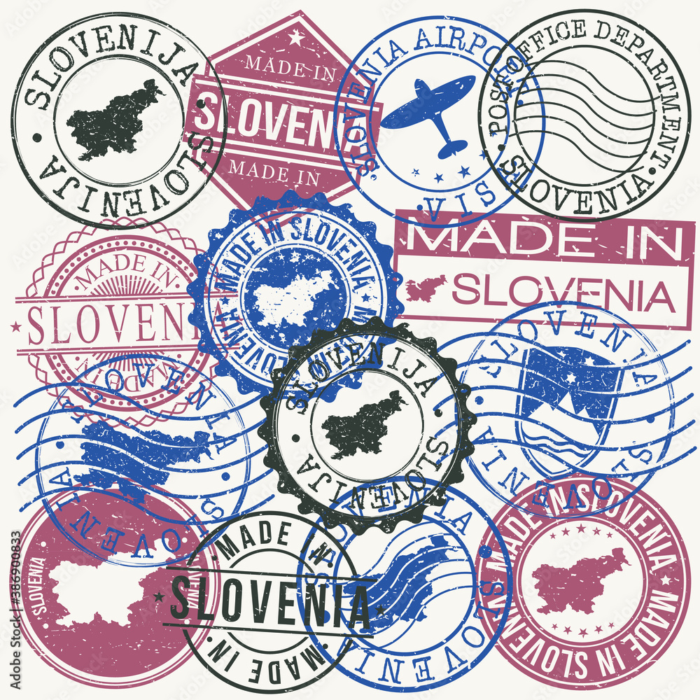 Slovenia Set of Stamps. Travel Passport Stamp. Made In Product. Design Seals Old Style Insignia. Icon Clip Art Vector.