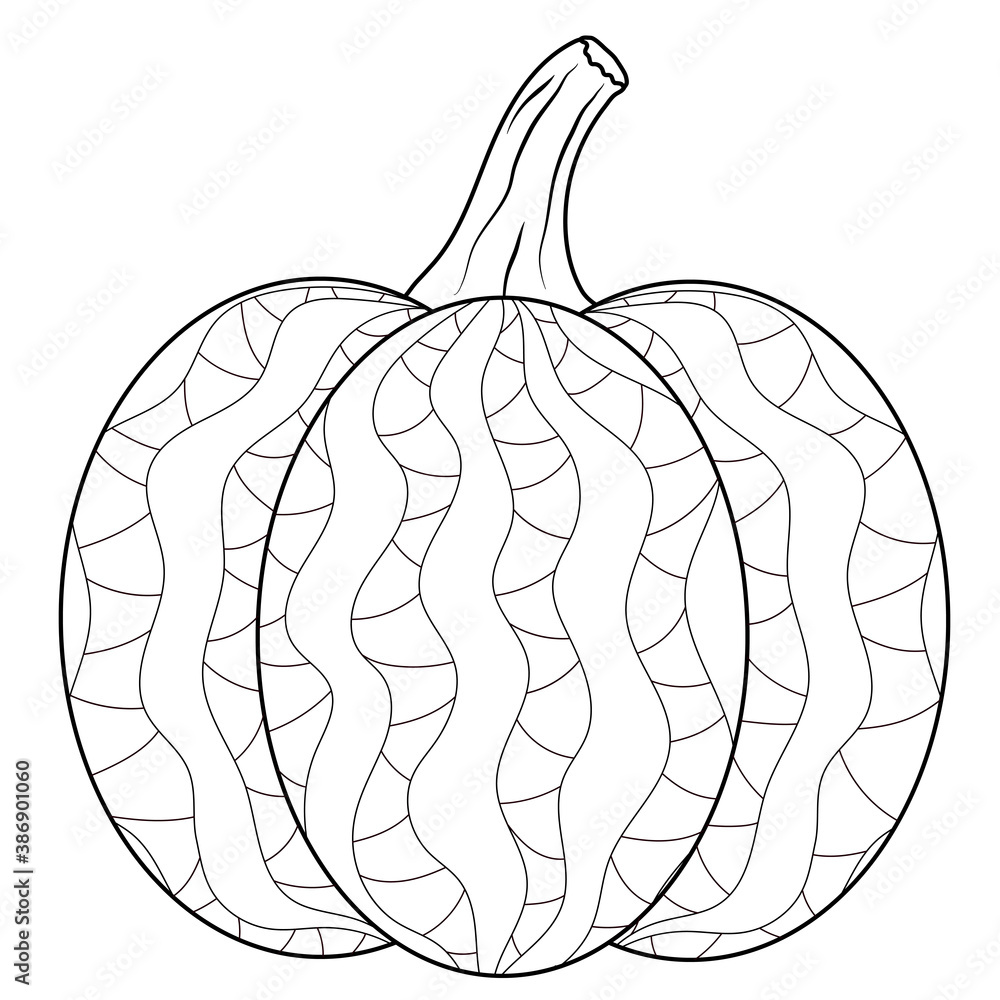 Big sweet pumpkin with ornamental mosaic. Outlined coloring book page