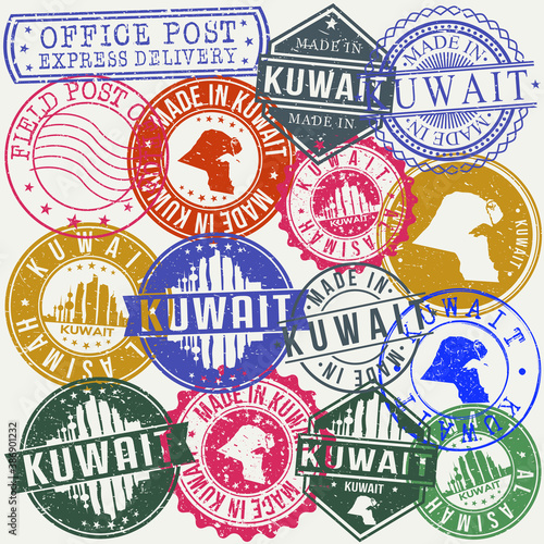 Kuwait City Set of Stamps. Travel Stamp. Made In Product. Design Seals Old Style Insignia.