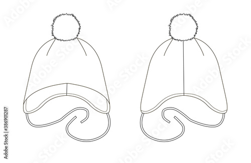 Technical drawing of children's fashion. Baby hat with pompom.