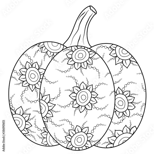 Doodle vector pumpkin with fun flourish ornament. Hand drawn autumn illustration for adult and children antistress drawing. Nice leisure activity. Eps10
