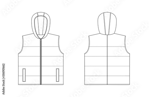 Technical drawing of mens fashion. Mens puffer vest with hood.
