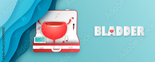 Human bladder and treatment paper cut style. A concept hospital for wallpaper and web.