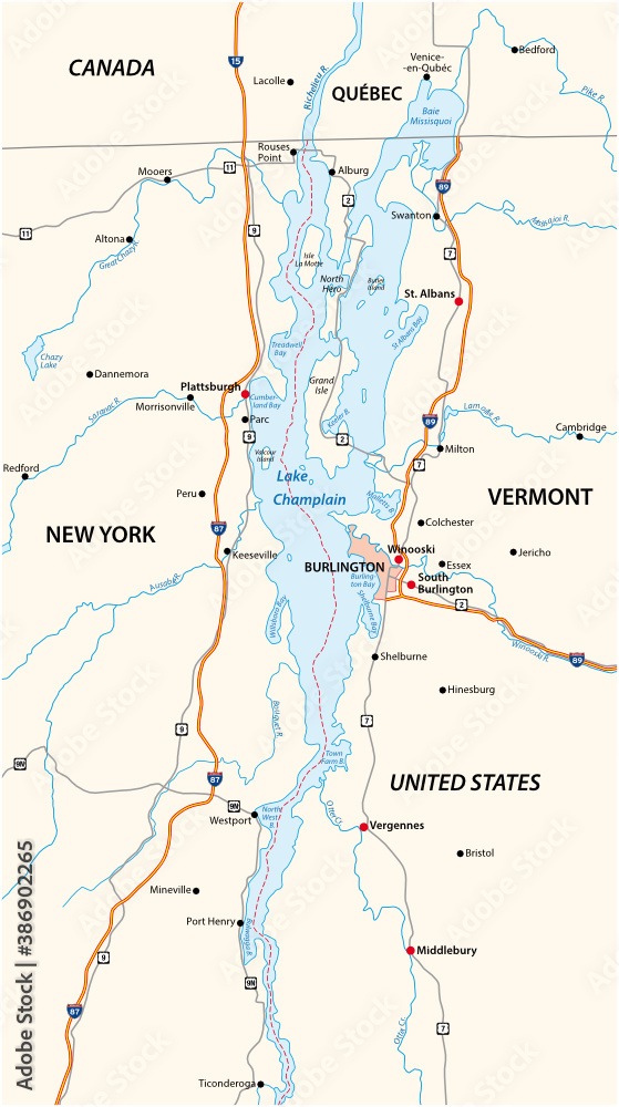 vector map of North American Lake Champlain, United States, Canada