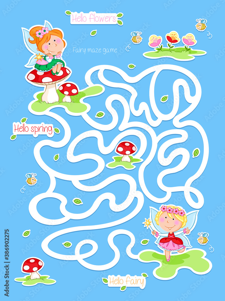 Hello spring - Lovely maze with cute fairies and bees - Find the way game and counting game - Suitable for preschool and school children Hello spring - Lovely maze with cute fairies and bees - Find the way game and counting game - Suitable for preschool and school children
