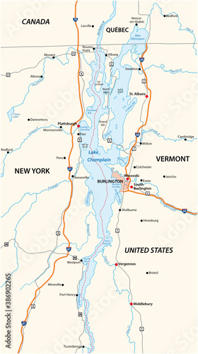 vector map of North American Lake Champlain, United States, Canada