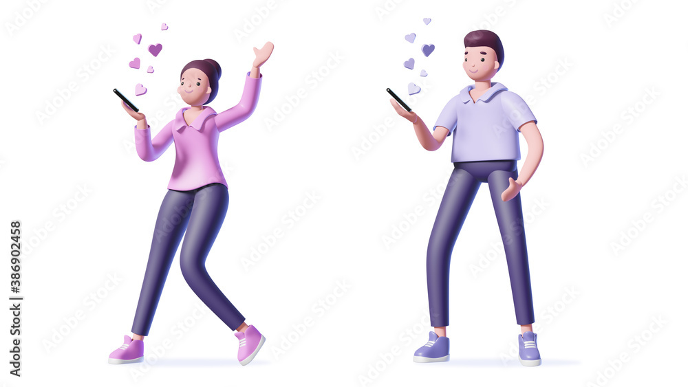 Illustration of 3d man and woman with a smart phone and hearts