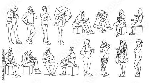 Set of young and adult men and women standing, sitting. Monochrome vector illustration of people in different poses in simple line art style. Hand drawn sketch. Black lines on white background.