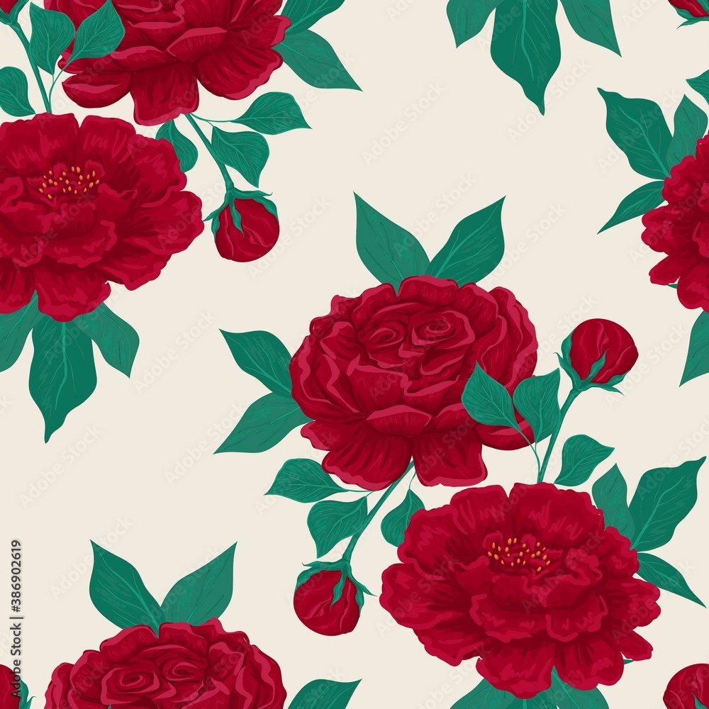 Vintage flowers and leaves. Bouquets of peonies. Seamless patterns. Isolated vector illustrations.