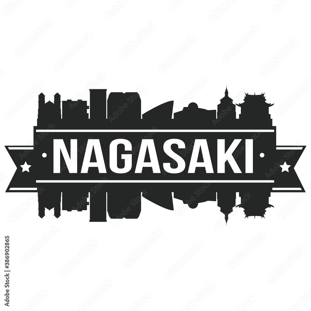 Nagasaki Japan, Skyline Silhouette City Vector Design Art Stencil.