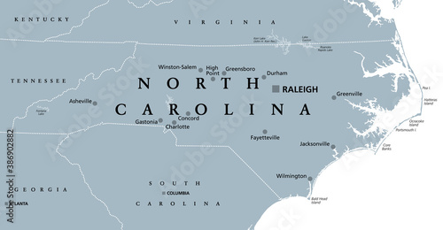 North Carolina, NC, gray political map. With capital Raleigh and largest cities. State in the southeastern region of the United States of America. Old North State. Tar Heel State. Illustration. Vector